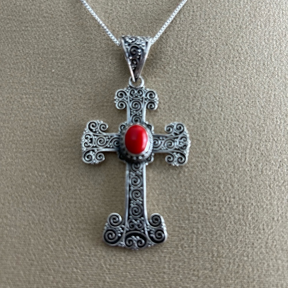 925 Silver & Coral Cross Pendant NWOT